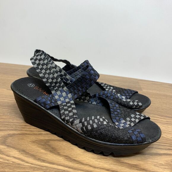 Bernie Mev Wedge Sandal Slip-On Open Toe Women’s Size 41 US 10 Black Blue Gray - Picture 1 of 11